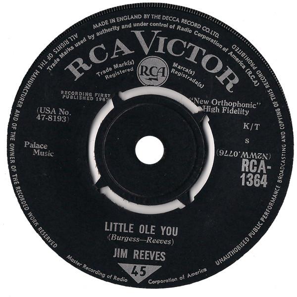 

7inch Record JIM REEVES - Little Ole You RCA1364 RCA Victor 1963 UK Folk Used