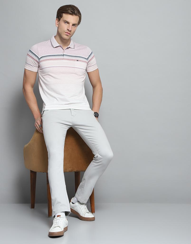 MONTE CARLO Mens Striped Pink Collar Neck Half Sleeve T-Shirt