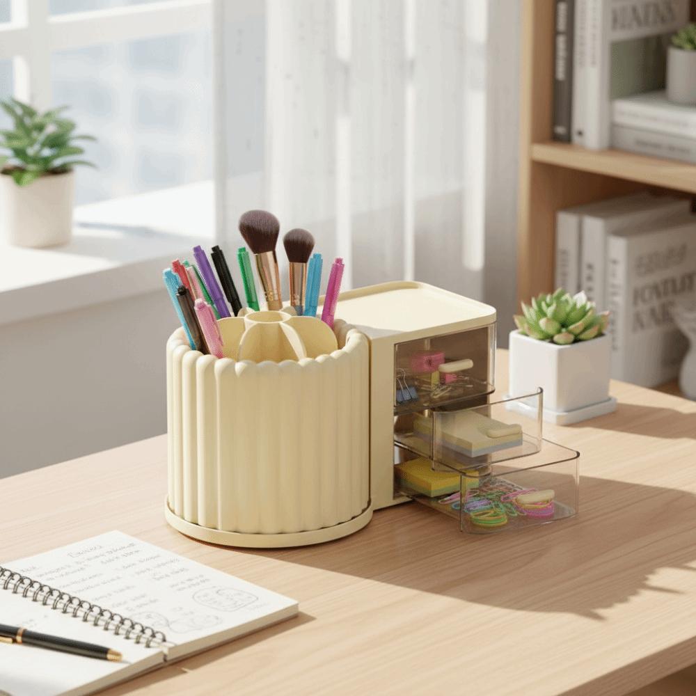 2 Drawers Makeup Brush Holder Large Capacity Desk Organizer Rotating Organizer  Stationery Storage