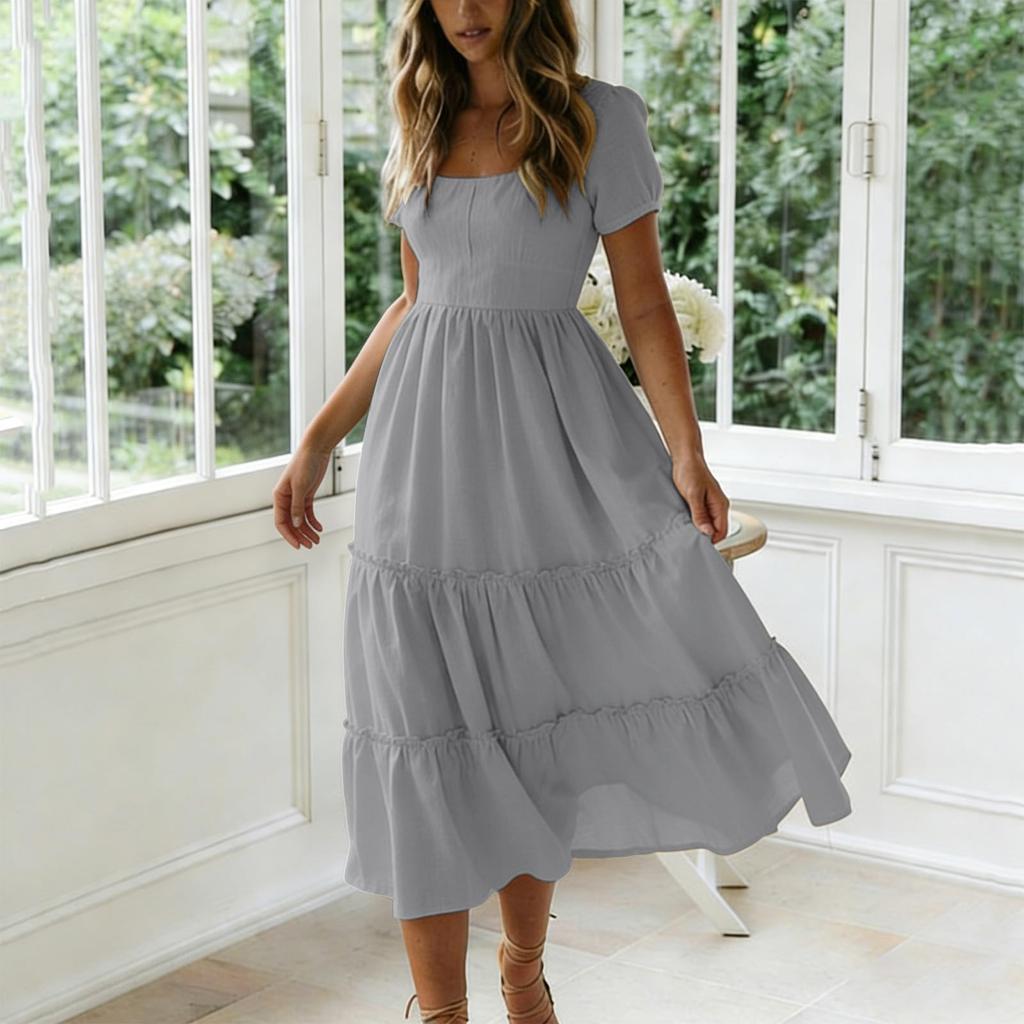 Women Summer Fashion Solid Color Square Neck Short Sleeve Bohemian Vacation Beach Dress Midi Length Casual Loose Fit