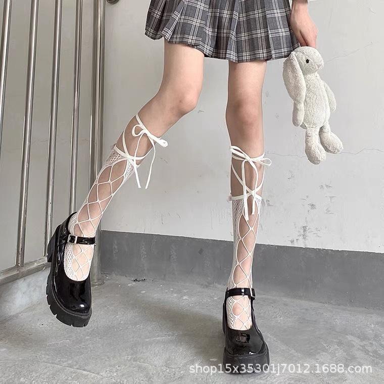 Solid Color Bowknot Hollow Lace Stockings Woman Summer Middle Tube JK Lolita Cute Socks Black White Fishnet Stockings for Women