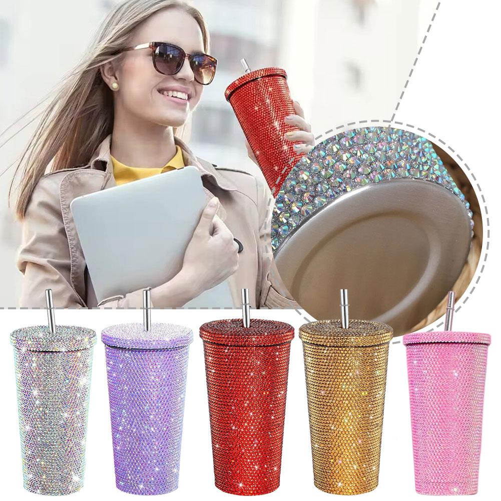 Insulated Straw Tumbler Stainless Steel Rhinestone Cup 24 Hour Hot Cold Water Coffee Drinkware For Office Travel Gym Accessories
