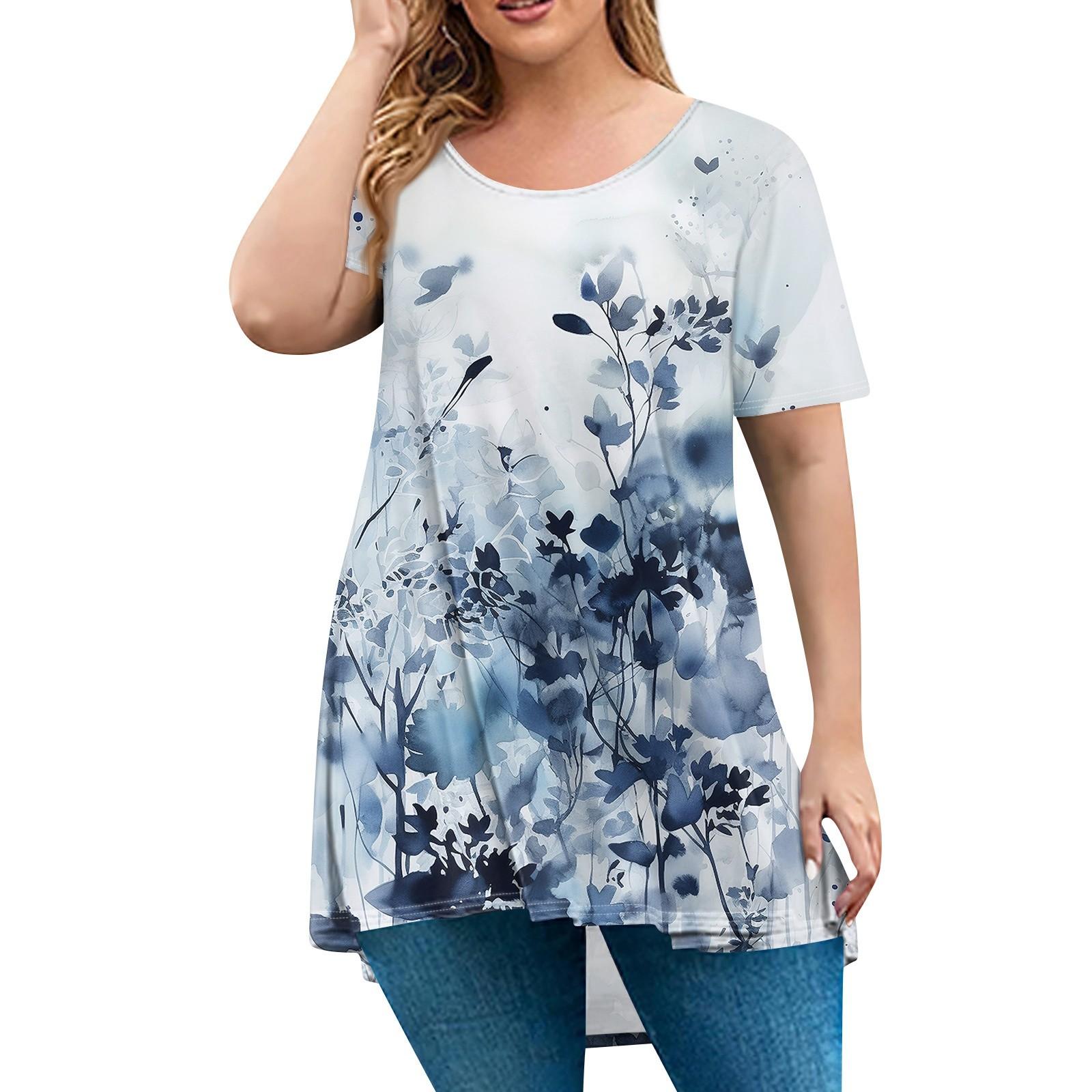 

Женская мода большого размера с круглым вырезом и коротким рукавом, повседневный свободный пуловер с принтом L синий