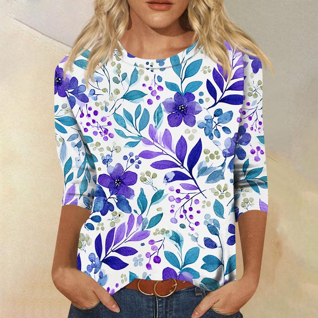 Damen Lässiges Rundhals-T-Shirt-Oberteil mit Dreiviertelärm und Blumendruck für Frühling und Sommer Entspannte Passform Bequemer Stil