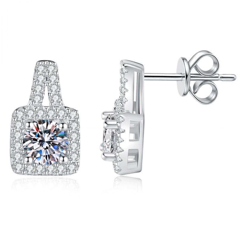 Sterling Princess Square Moissanite Stud Earrings Women 1 Carat Total D Color Geometric Elegant Design 925 Sterling Silver