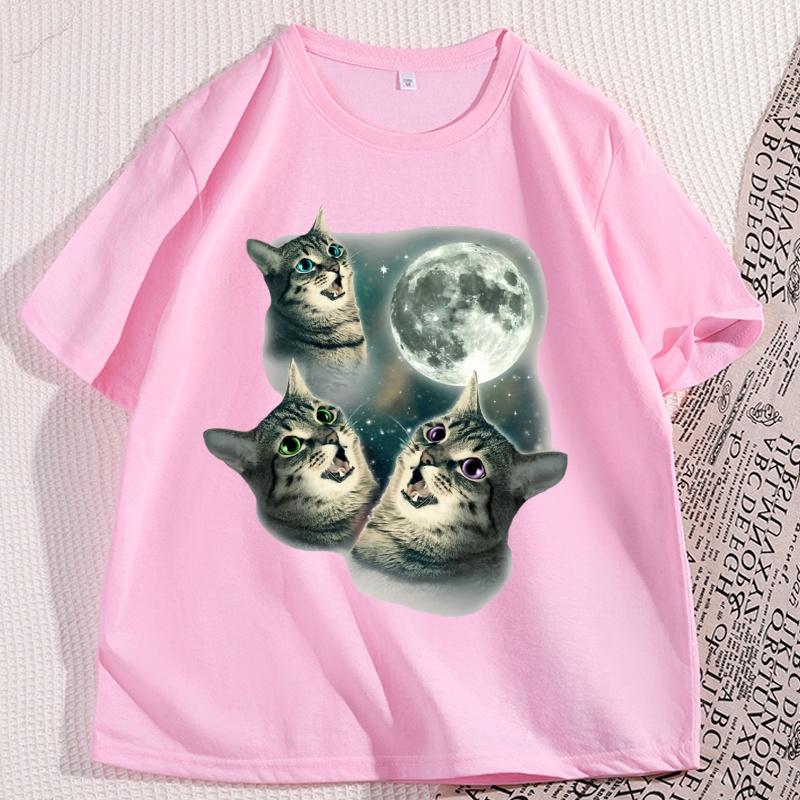 Three Cat Moon T Shirt Man Cotton Short Sleeve Funny Cat Parody Tshirt Wolf Moon Cat Cute Kitten Tshirt Male Clothes Tops