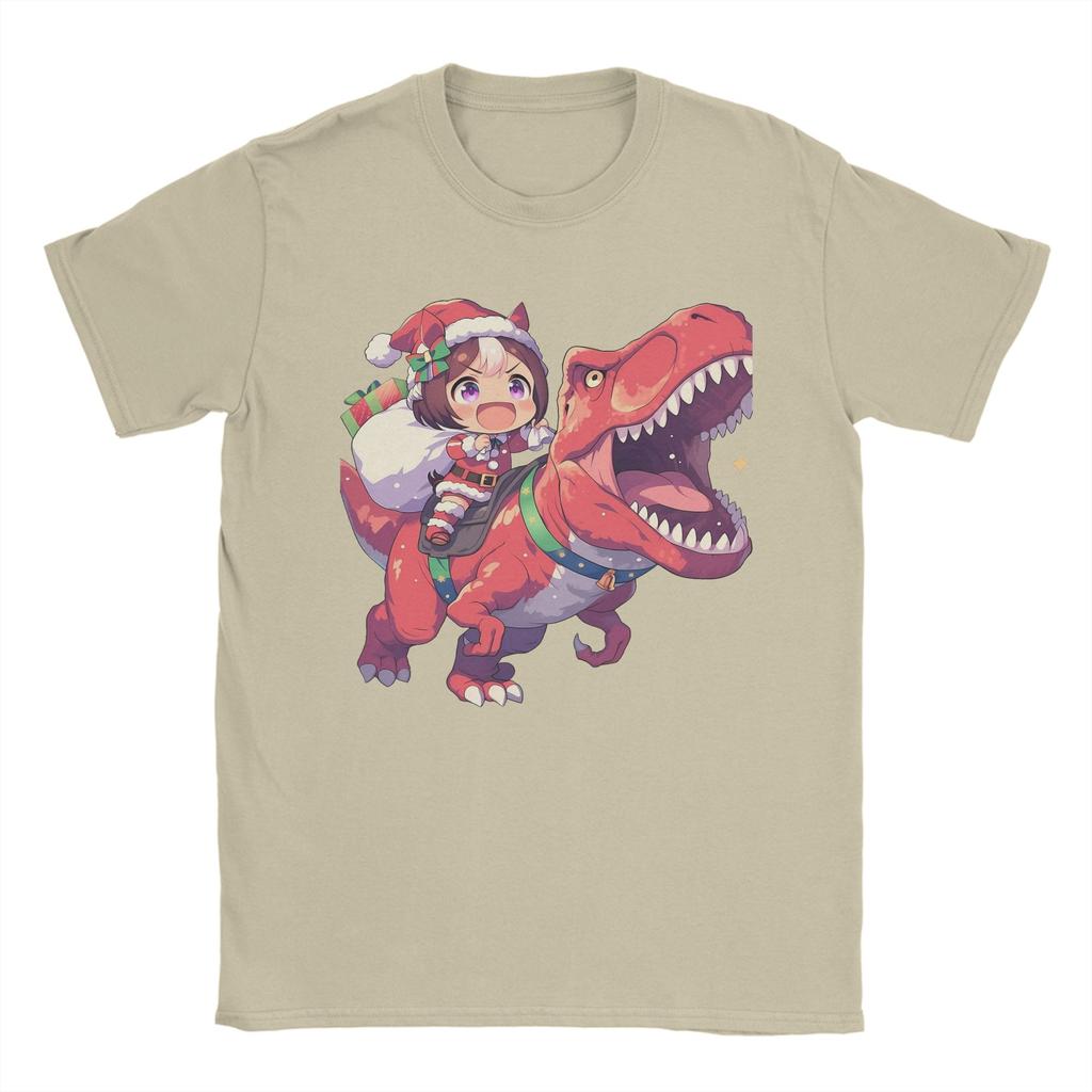Special Week Santa Riding T-Rex T Shirt Men's  Cotton Casual T-Shirt Crewneck Uma Musume Pretty Derby Anime Tees Short Sleeve