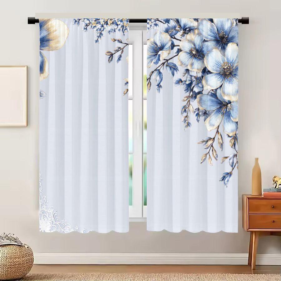 2PCS Digital Printed Curtains, Lace Blue Flowers Delicate Vintage Floral, Window Drapes for Living Room Bedroom Home Decoration