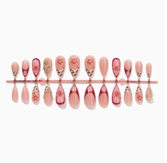 24Pcs Leopard Print French Press On Nails, 3D Flower & Gold Rose Fake Nails, Mid-Length Almond Shape