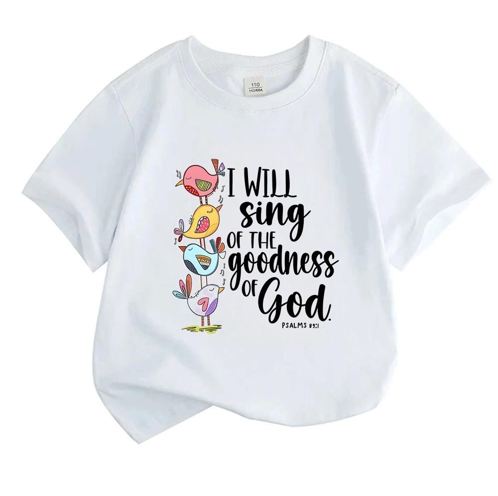 Kids Boys Girls 100% Cotton Crew Neck Short Sleeve T-Shirt, I Will Sing of The Goodness God Psalm 101 Cute Stacked Birds Print Casual Summer Tee Tops