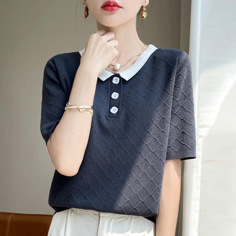 

Летняя новая женская трикотажная футболка Ice Silk с воротником-поло и короткими рукавами, универсальный топ контрастного цвета для женщин L сине серый