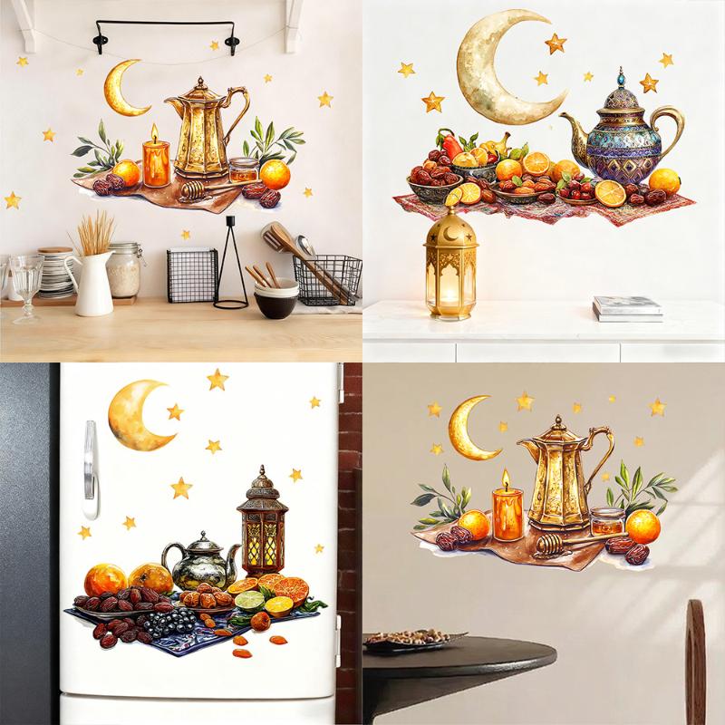 Ramadan Kareem Wall Stickers Colorful Lantern Moon Star Window Decal Ramadan Decoration 2026 Eid Mubarak Muslim Party Decor