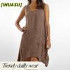 IHUASU Fashion Summer Spring Solid Color Print Sleeveless O-Neck Casual Dresses