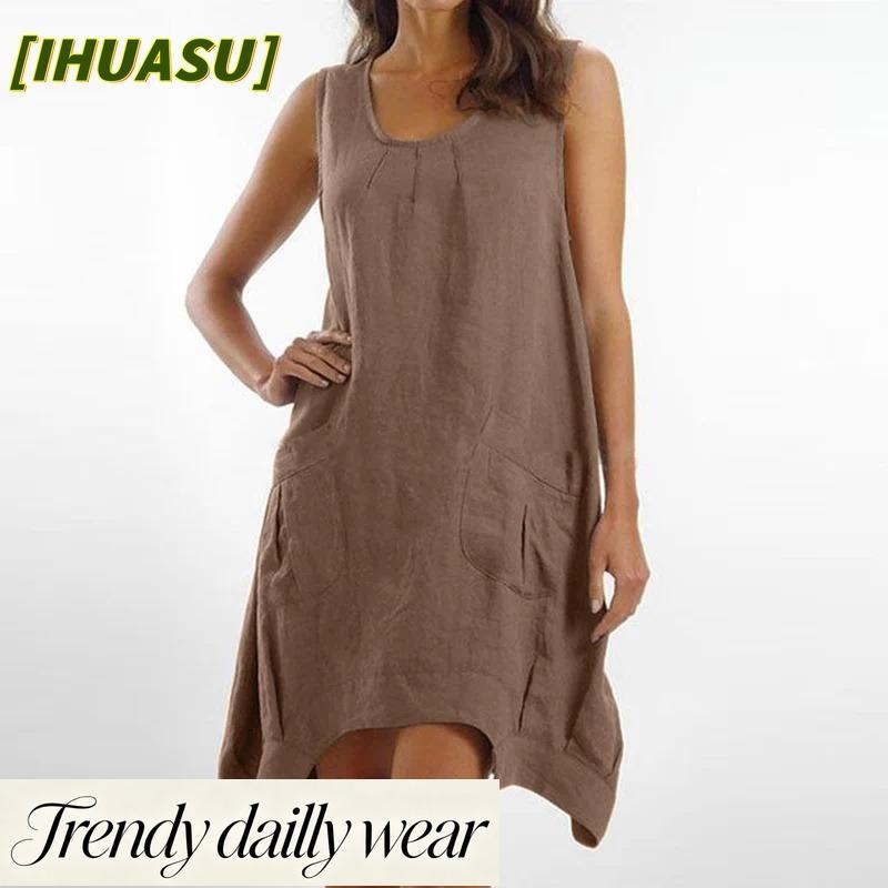 IHUASU Fashion Summer Spring Solid Color Print Sleeveless O-Neck Casual Dresses