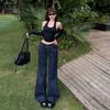 Low-rise double-button slightly pulled jeans women's year autumn and winter new Spice Girl loose wide-leg thin horseshoe flared pants