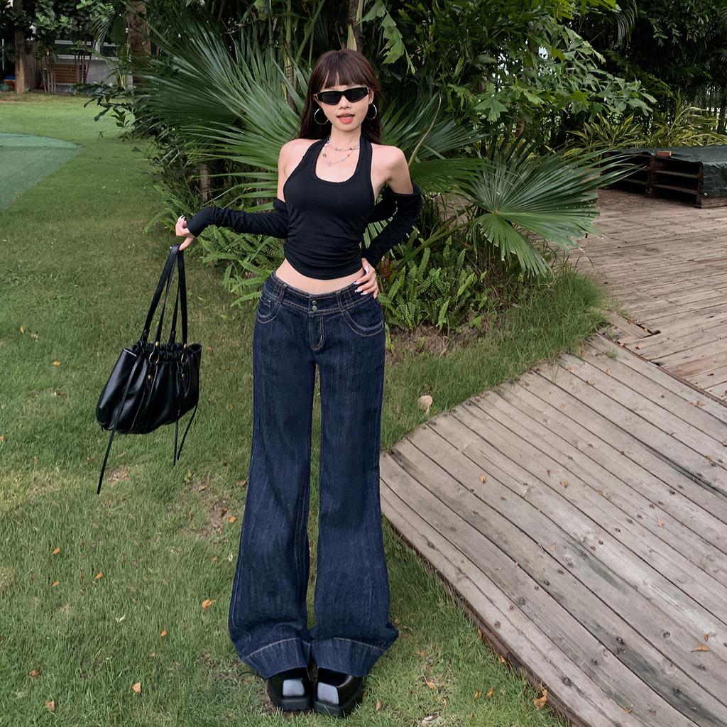 Low-rise double-button slightly pulled jeans women's year autumn and winter new Spice Girl loose wide-leg thin horseshoe flared pants