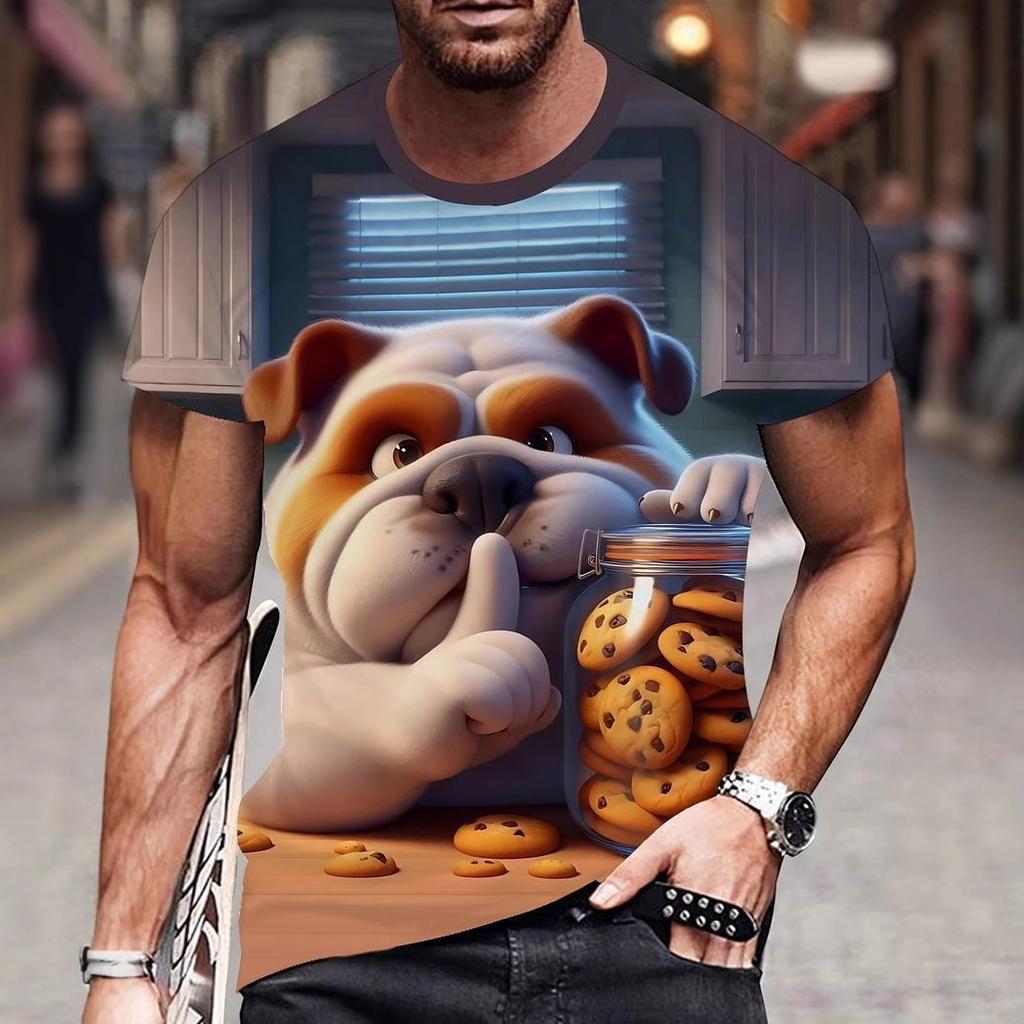 Καλοκαιρινή Μπλούζα με Στρογγυλή Λαιμόκοψη και 3D Σκυλάκι, Μοντέρνα Casual Ανδρικά Μπλουζάκια με Κοντό Μανίκι