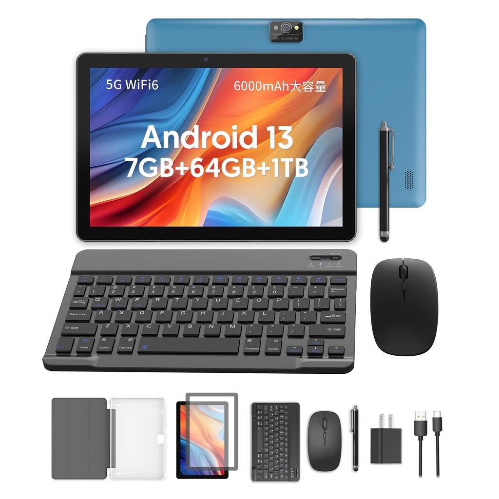 PUTECCH Android 5G Dual 1280 X 800 FHD IPS Bluetooth GMS Tablet PC with Keyboard and Blue 10-inch Wi-Fi Tablet, 13, 7GB+64GB+1TB Expansion, 6000mAh,