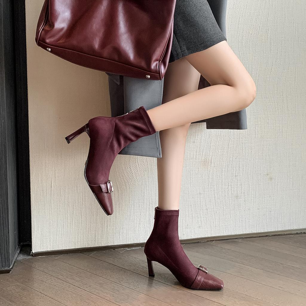 7CM Niche Fashion Heightening Elastic Thin Boots 2025 Autumn and Winter New Square Head Thin Heel Rear Zipper High Boots