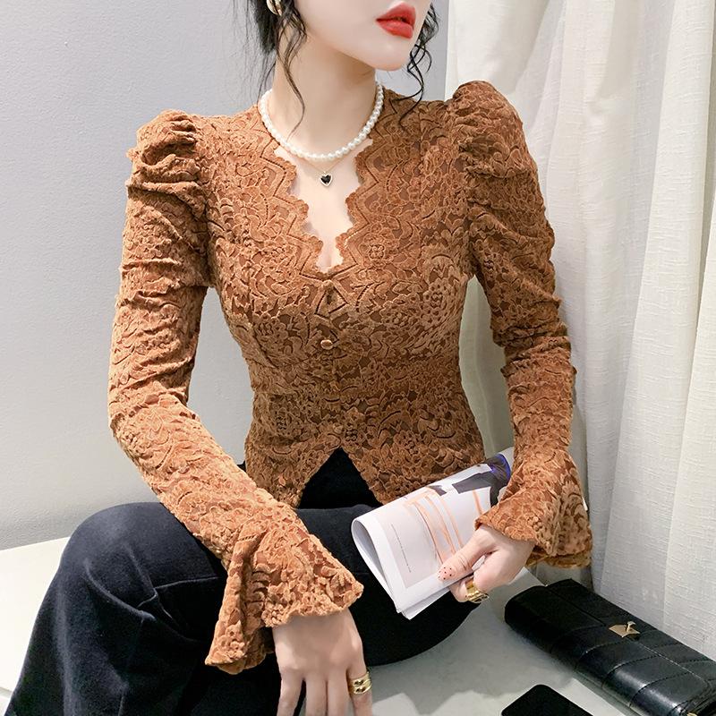 Winter Temperament Puff Sleeve V-neck Lace Shirt with Chest Pad Long Sleeve T-shirt Women's Short Slim and Versatile Base Shirt