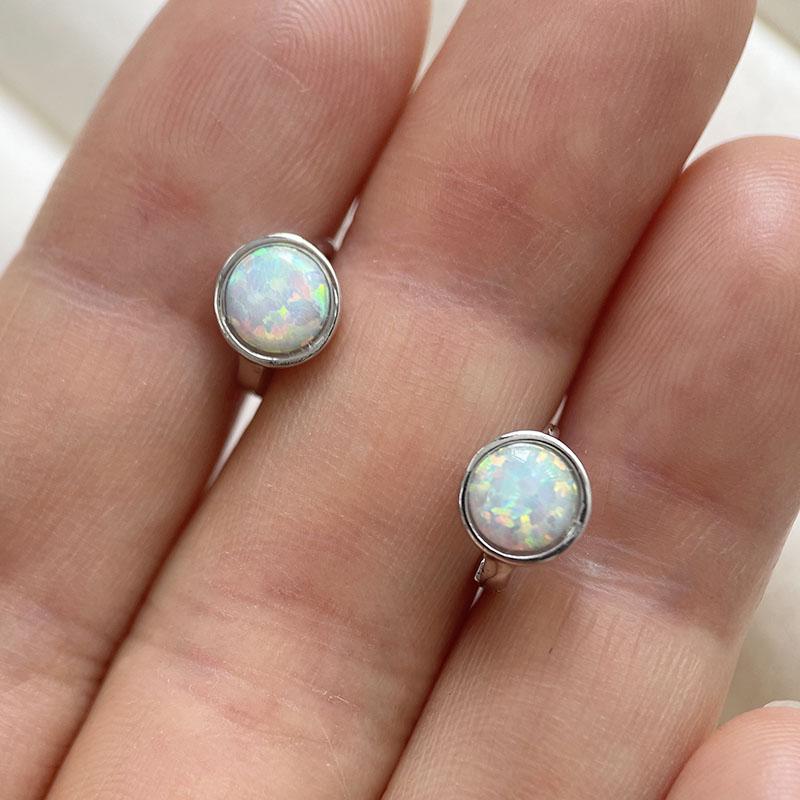 Grace Small 925 Sterling Silver Rhodium Plated Round 6Mm White Fire Opal Stone Huggie Hoop Earrings For Women Girls Jewelry Gift