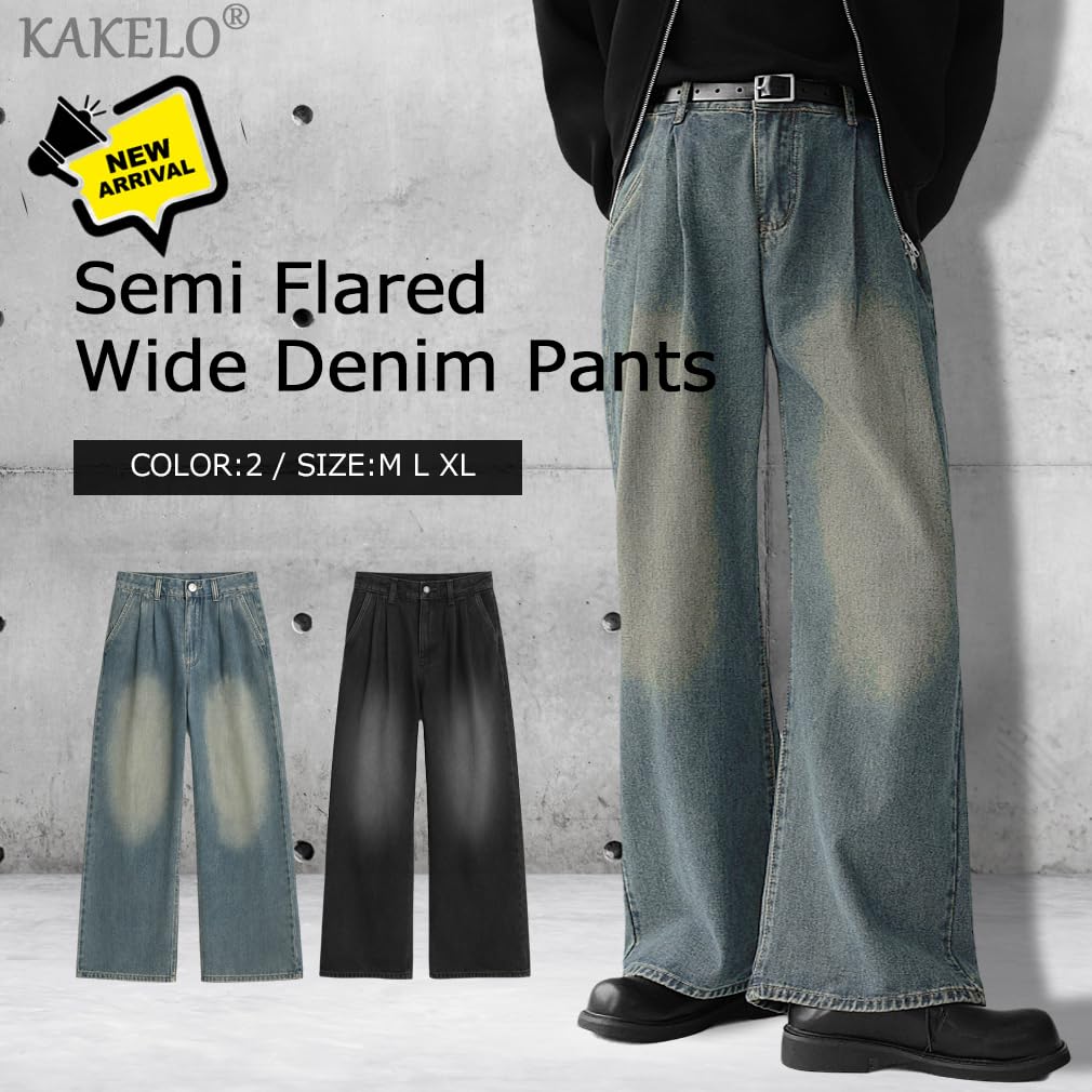KAKELO Men's Semi-Flared Wide Leg Denim Jeans in Blue and Black (XL, Blue)