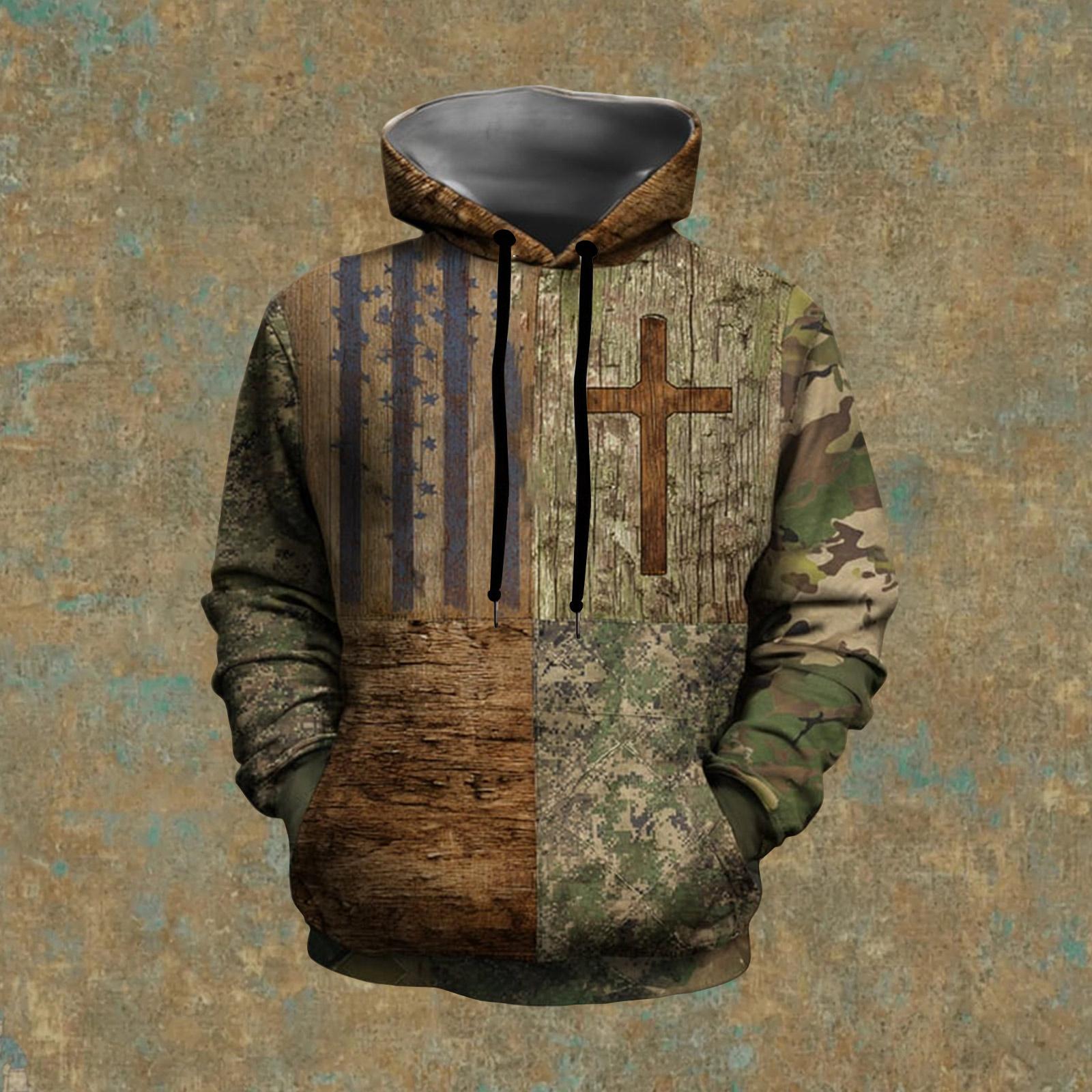 

Men s Vintage Casual American Flag Cross Hoodie Patriotic Shirt XXL