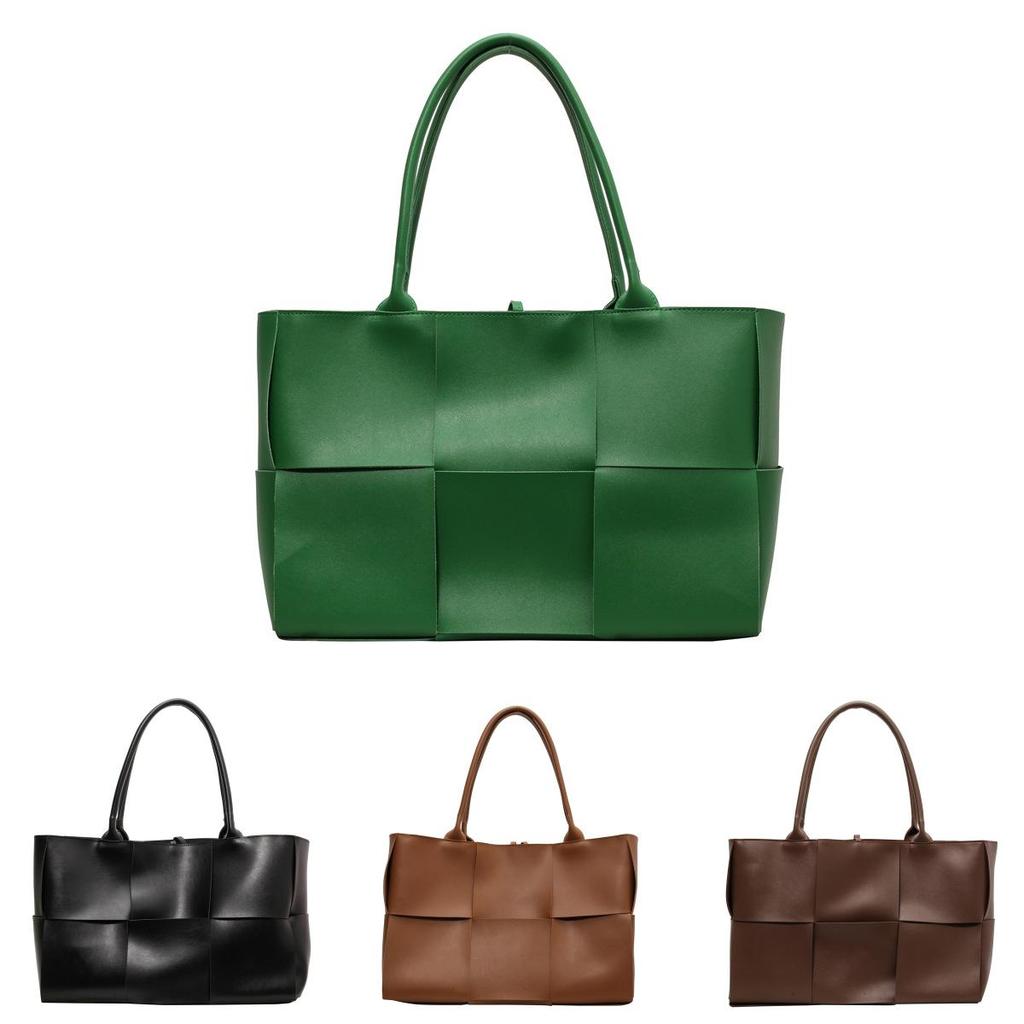 Vintage Solid Color Large Capacity Woven Pu Tote Bag For Daily Use