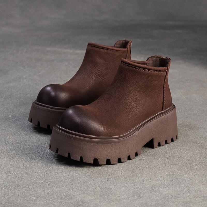 Johnature Genuine Leather Thick Soled Ankle Boots Retro Back Zipper Cowhide Commuting Women's Platform Shoes