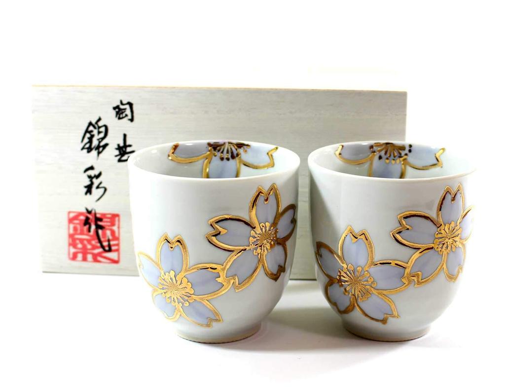 Arita Ware Teacups Traditional Fully Pair of Underglaze Red and Gold Cherry Blossom Design Presented In a Paulownia Wood Box by Ceramic Artist Kinsei