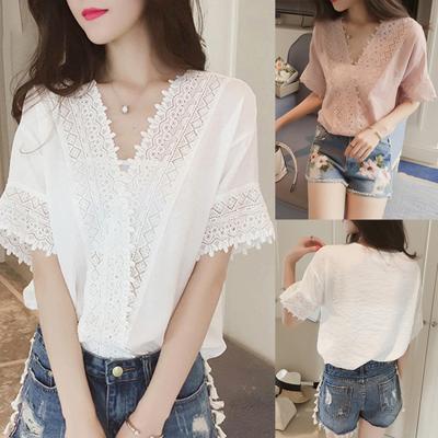 Casual Women Solid Color V Neck Short Sleeve Lace Loose Chiffon T-shirt Blouse