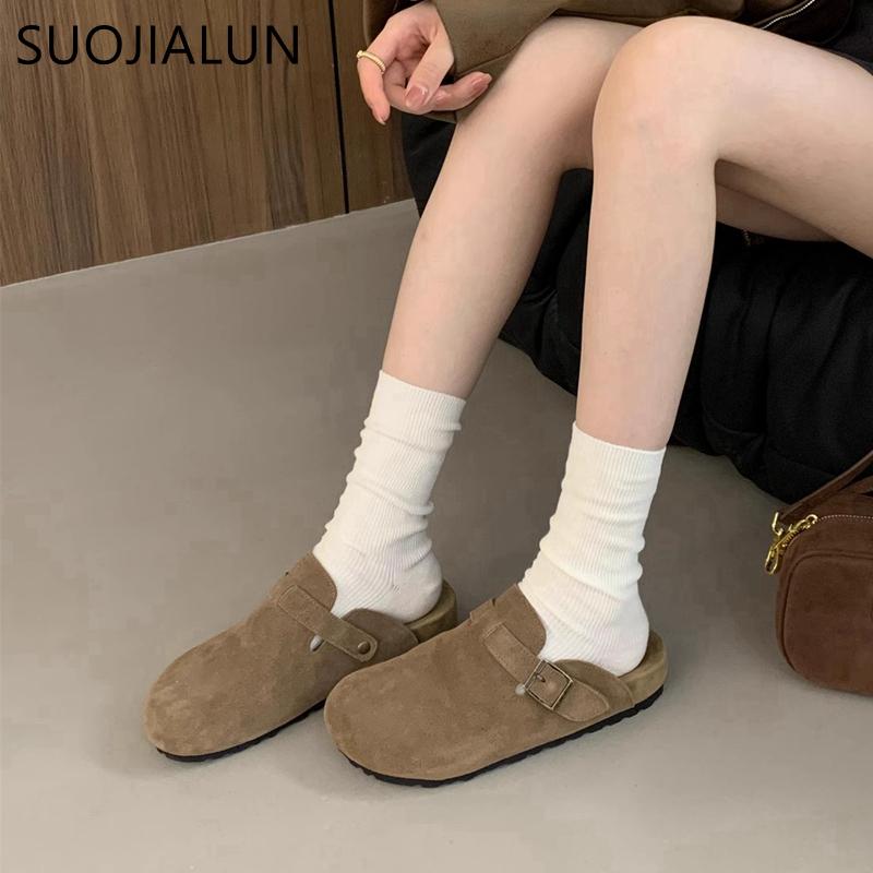 Mode SUOJIALUN 2024 Herbst Damen Flacher Slipper Mode Runde Zehenpartie Slip-On Pantoletten Schuhe Weicher Flacher Absatz Outdoor Freizeit Pantoletten Sandalen
