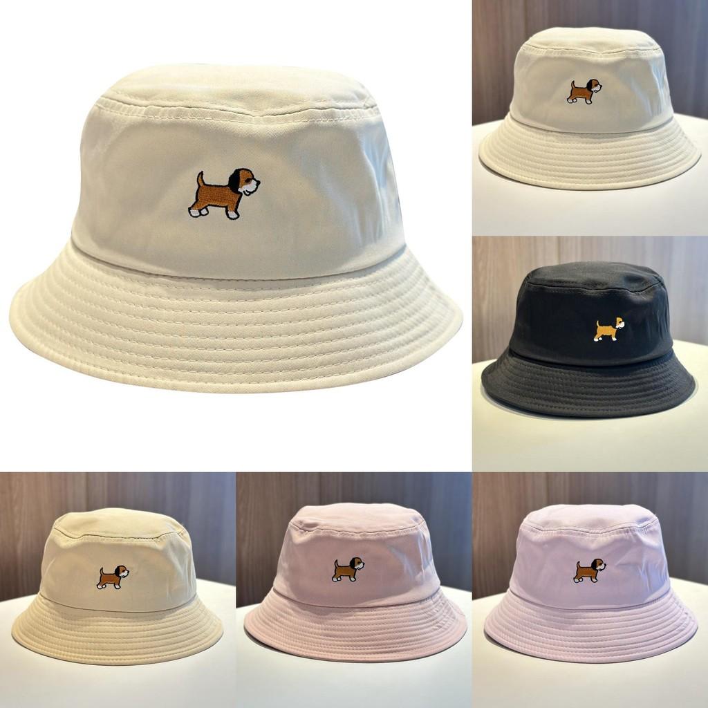 Womens Summer Cotton Embroidered Fisherman Hat With Cartoon Dog Embroidery Design For Sunblock