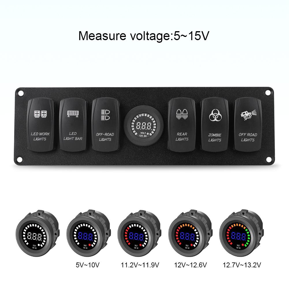 12V-24V 6 Gang Blue LED Rocker Switch Panel with Alarm Voltmeter for Car RV Boat Yacht Marine