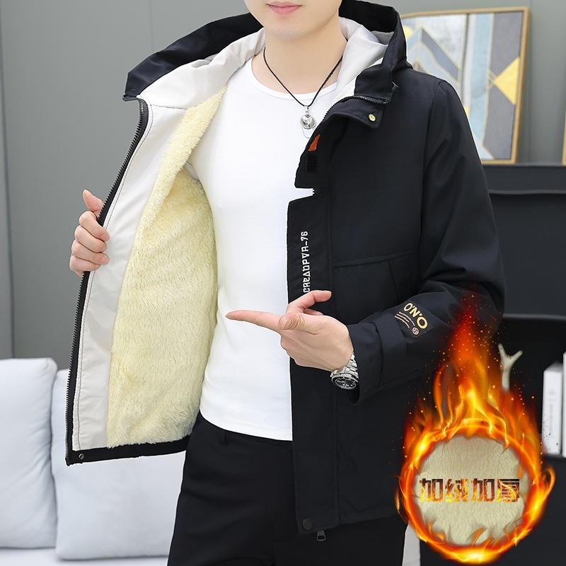 Tooling jacket men's autumn and winter fleece thickened handsome hooded jacket trendy windproof casual teen pie overcome