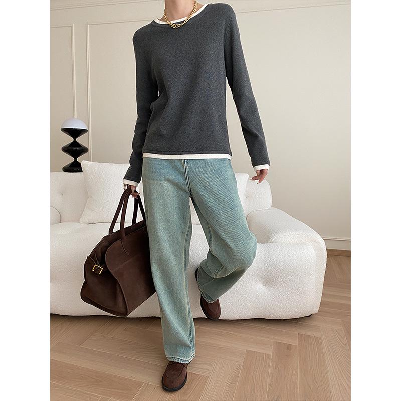 

Sinan Модный вязаный свитер из двух частей с контрастной строчкой, круглый вырез, универсальный дизайн SN4834 One Size