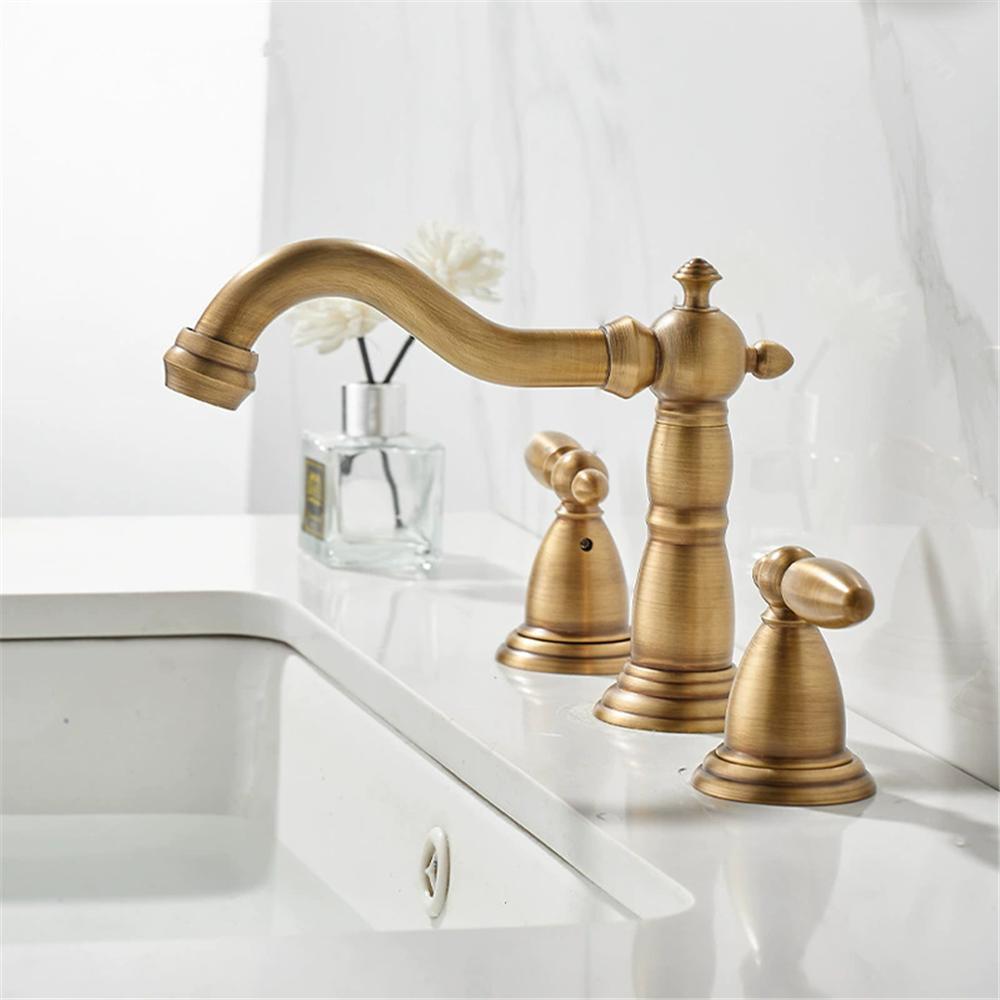 Tuqiu Gold Bathroom Faucet Widespread Antique Sink Tap Brass Bathroom Sink Faucet 3 Hole Brass Chrome Hot Cold Water Tap