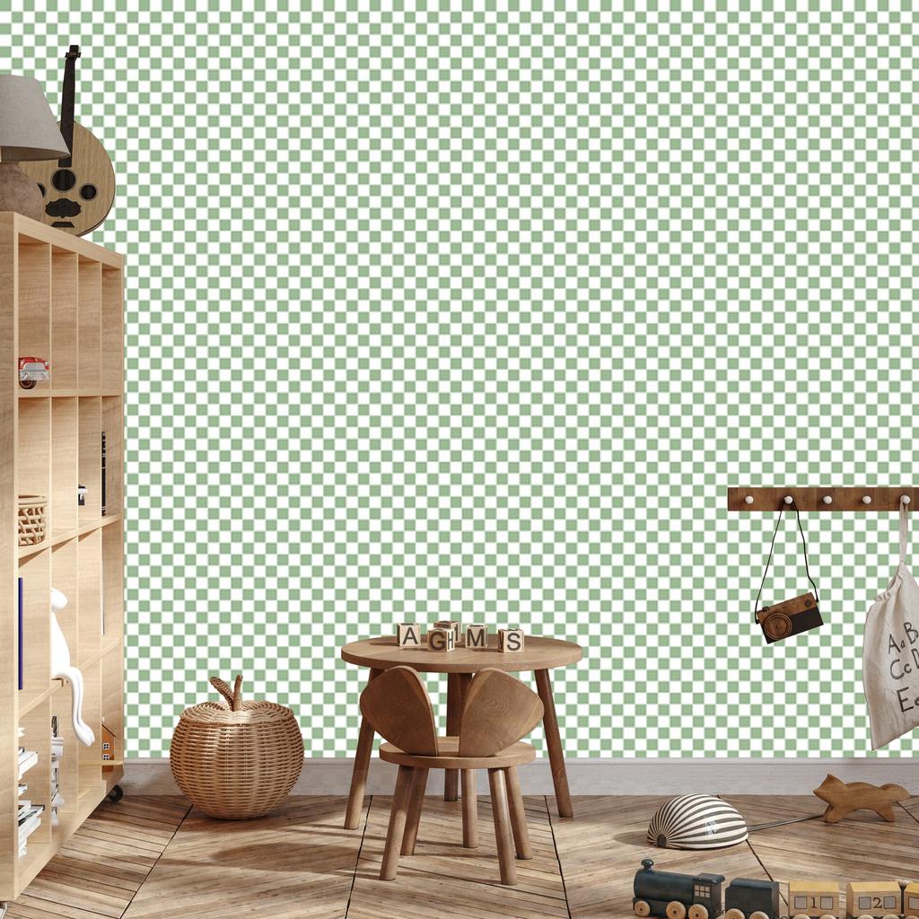 Checkerboard wallpaper light gray, white and green 50x1000