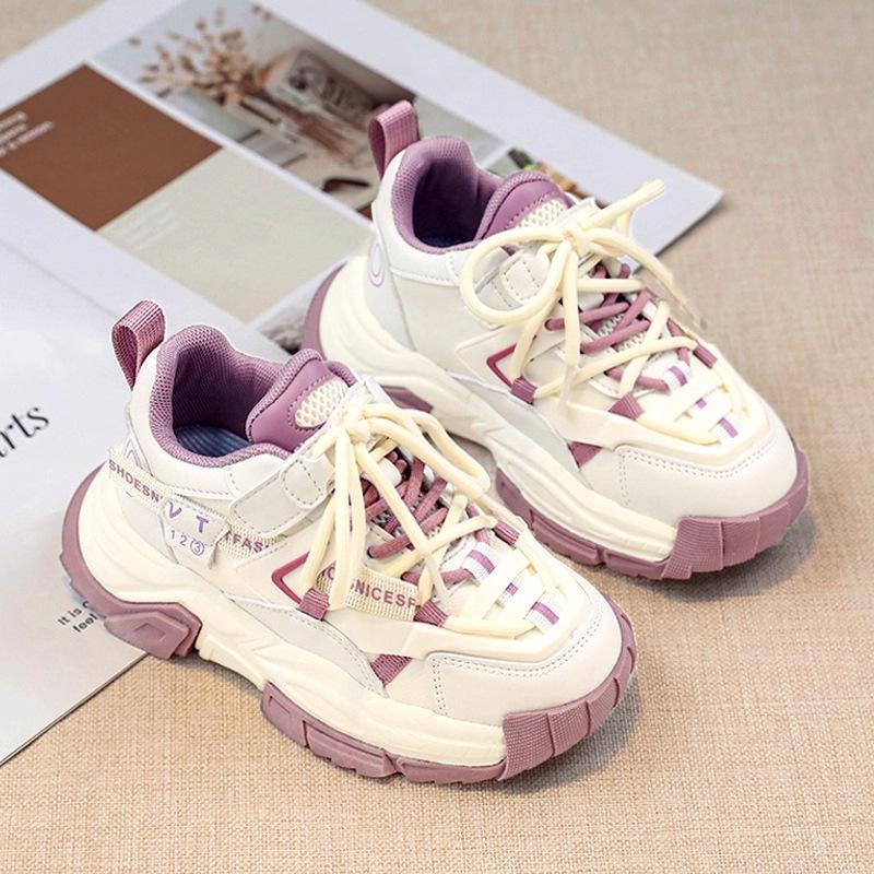 Girls' shoes, new autumn/winter styles, children's sports shoes, medium and large sizes, white sneakers, fleece-lined for warmth, girls' chunky
