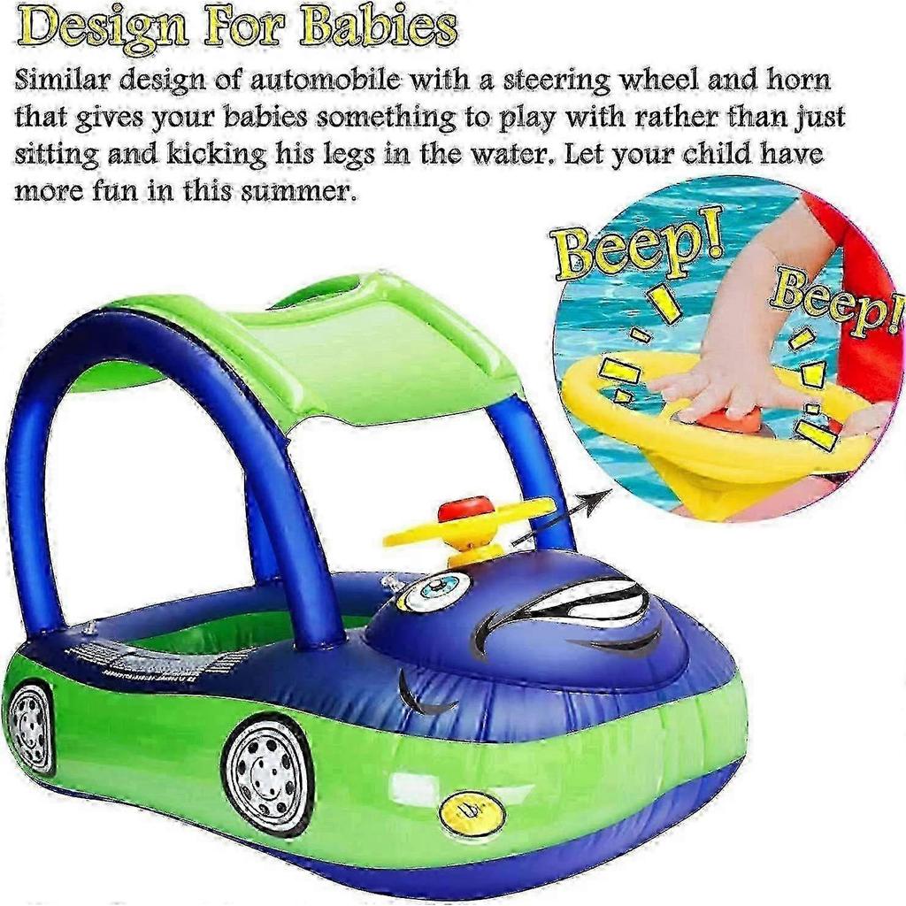 Baby Inflatable Pool Float with Canopy, Car Shaped Swim Float Boat with Sunshade & Steering Wheel, Cartoon Swim Seat Ring for Toddler Infants