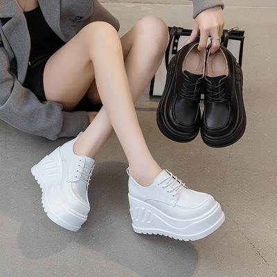 Damen Kleinlederschuhe mit dicker Sohle Damen 2025 Frühling, Herbst und Winter neue superhochhackige Freizeitschuhe Schnürschuhe Low-Top Einzelne Schuhe rund