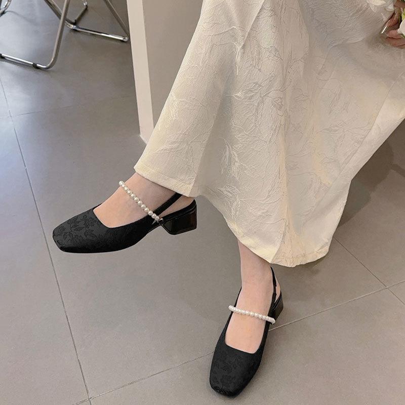 Baotou sandals women's 2025 summer new thick heel light mouth single shoes French pearl Mary Jane shoes square head high heels