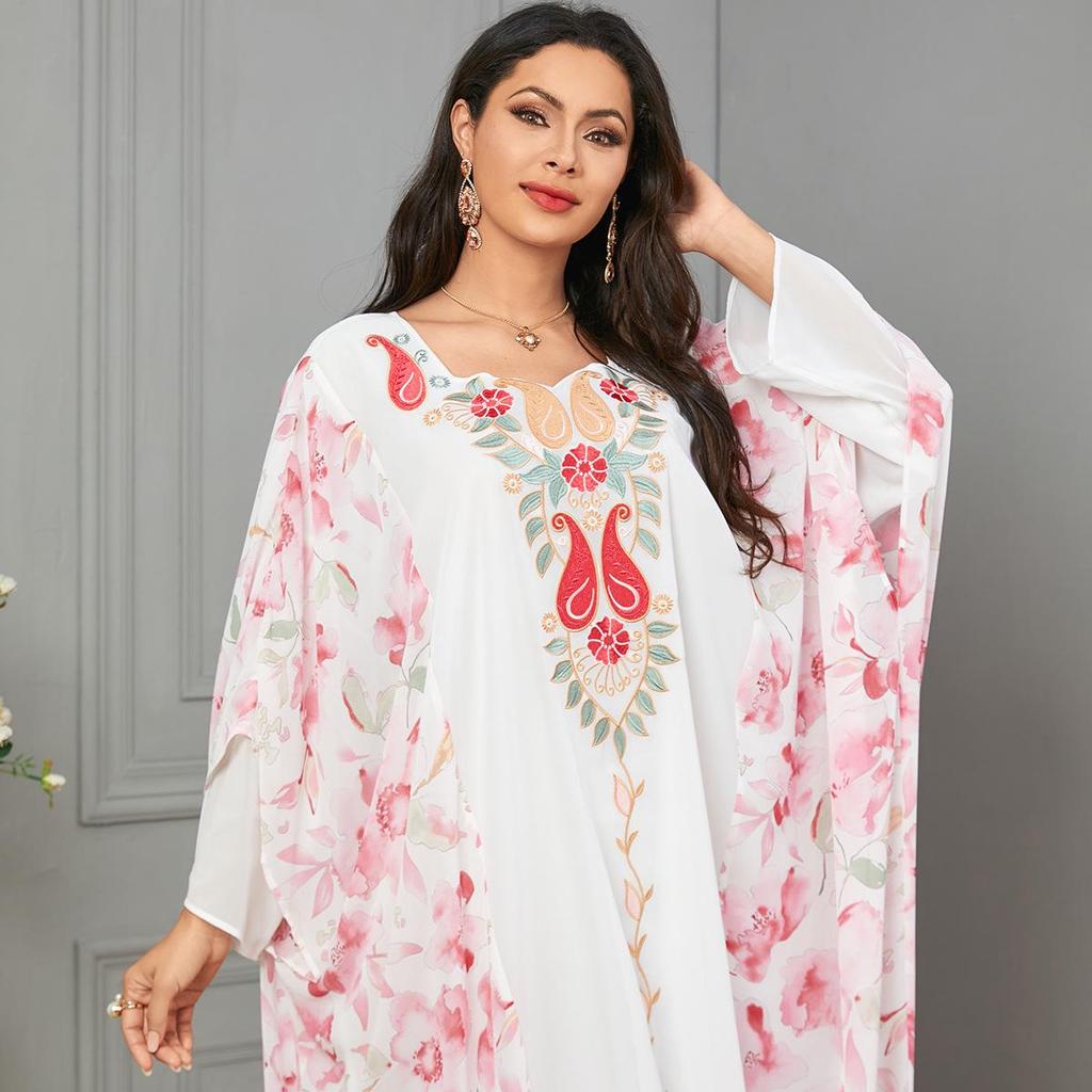 Muslim Women's Embroidered Dubai Robe: Digital Print, Color Block Batwing Sleeve Dress