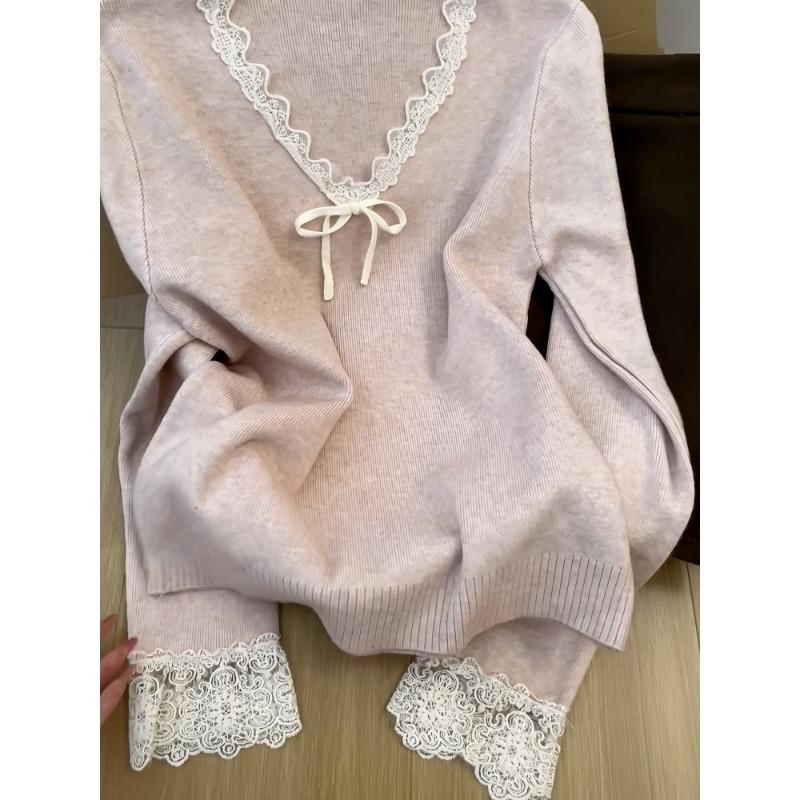 Tender Pink Collar Lace Spliced Wool Knitted Sweater for Women's Autumn and Winter Waist and Thin Inner Top, High-end Bottoming Shirt