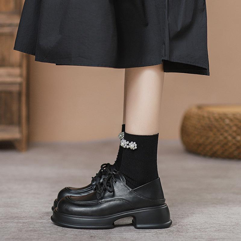 Leather Platform Loafers Women's 2024 New Muffin Lace-up Heightening Jk College British Style Small Leather Shoes Women's Single Shoes