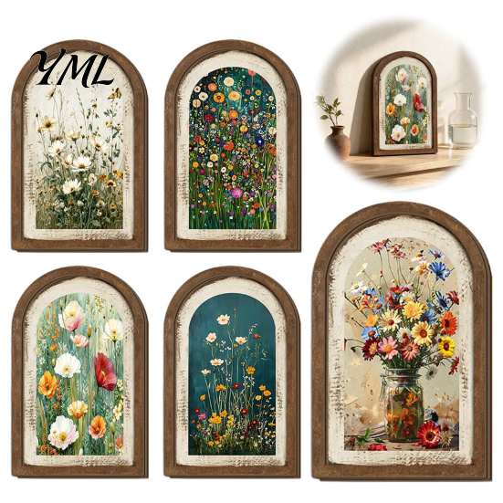 Farmhouse Style Wood Frame Arched Wooden Framed Wall Art, Wildflower Oil Painting Prints, Art Vintage Ornament for Living Room Bedroom Entryway,