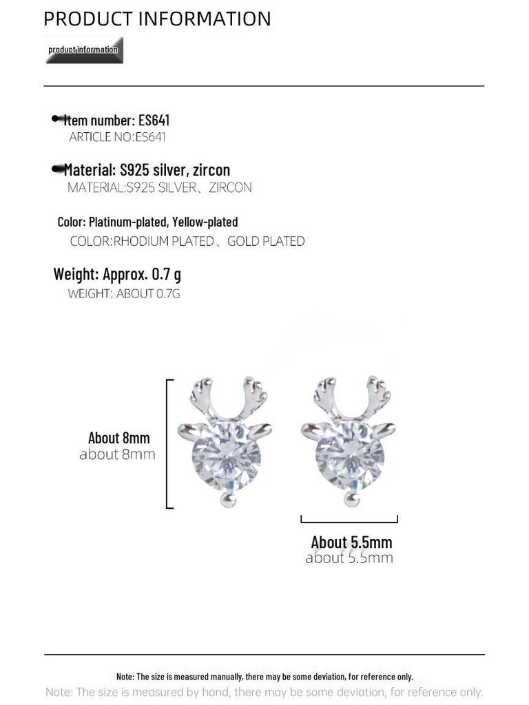 Banyan Tree S925 Silver Deer Antler Diamond Earrings - Korean Style Cute Elk Design for Women