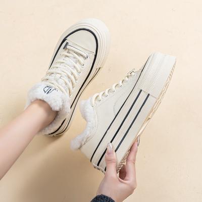 Fleece platform witte schoenen dames nieuwe winter warme vetersluiting casual board schoenen eenvoudige veelzijdige katoenen schoenen trend