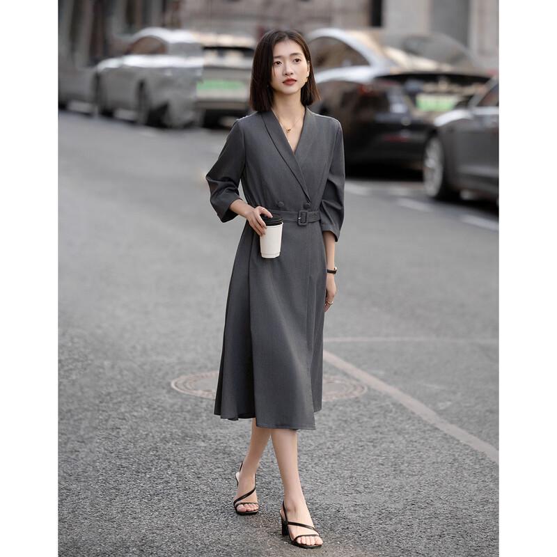 Demana Women's Shawl Collar Double-Breasted A-Line Dress