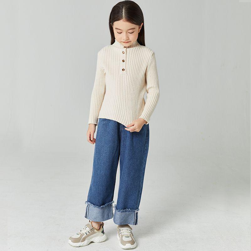 Autumn/Winter Girls' Mid-High Neck Ribbed Knit Sweater Top